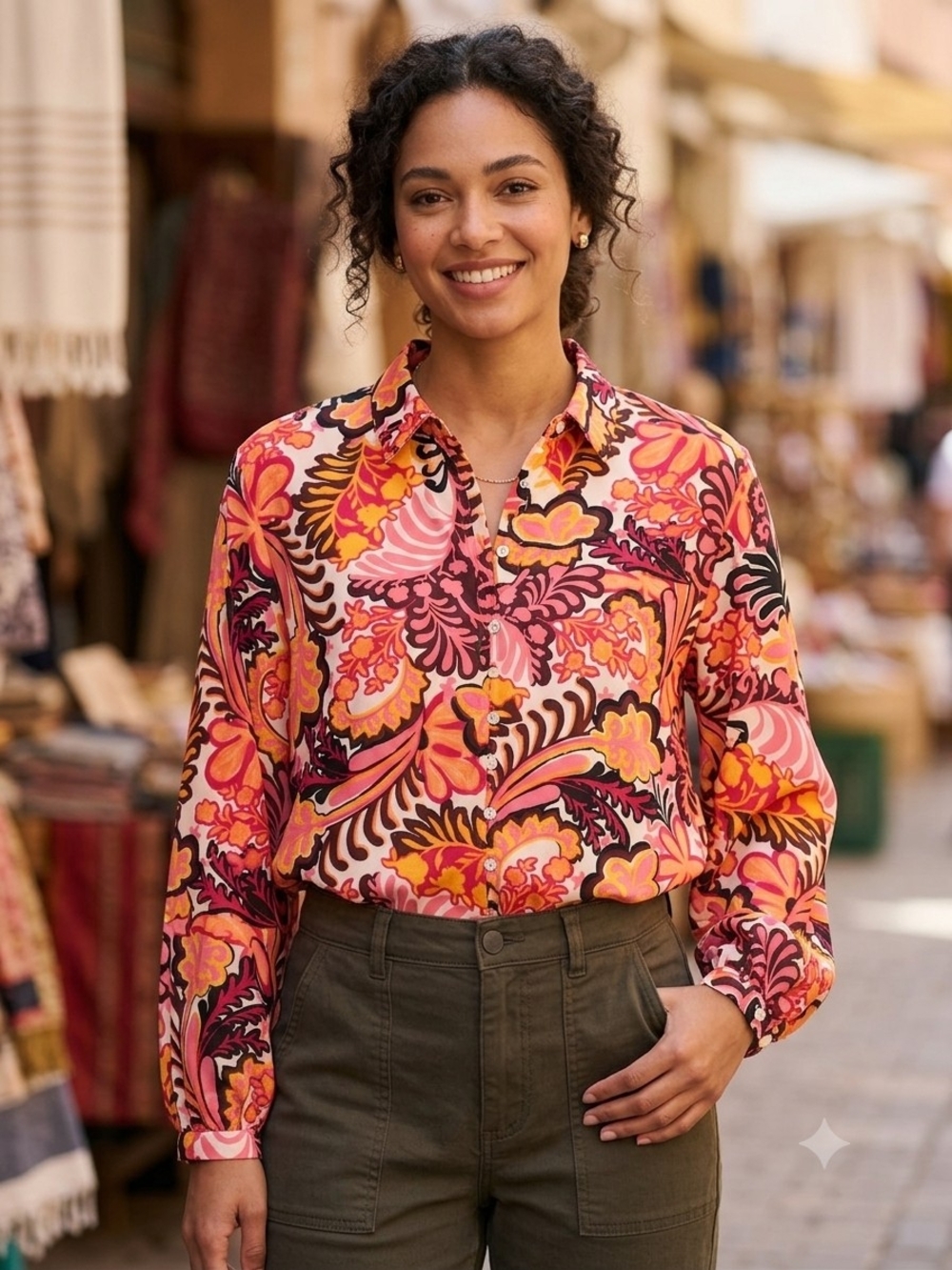 Alex & Lili Paisley Floral Button Down Shirt XL Pink Orange Long Sleeve festival